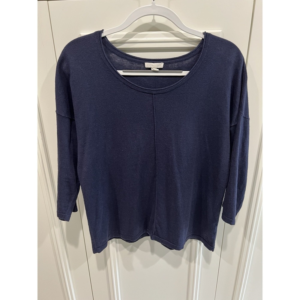 Eileen Fisher Navy Organic Cotton Cashmere Knit Top Size Medium Front Seam